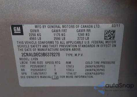 2011 Chevrolet Equinox z USA, uszkodzony, nr VIN 2CNALDEC9B6378278